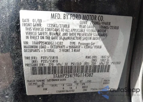2009 Ford Taurus Limited from USA, damaged, VIN 1FAHP25W39G114382